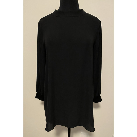Loft Blouse Womens Size Medium Black Buttons Up Back High Neck Silky Tunic Top - Picture 9 of 15